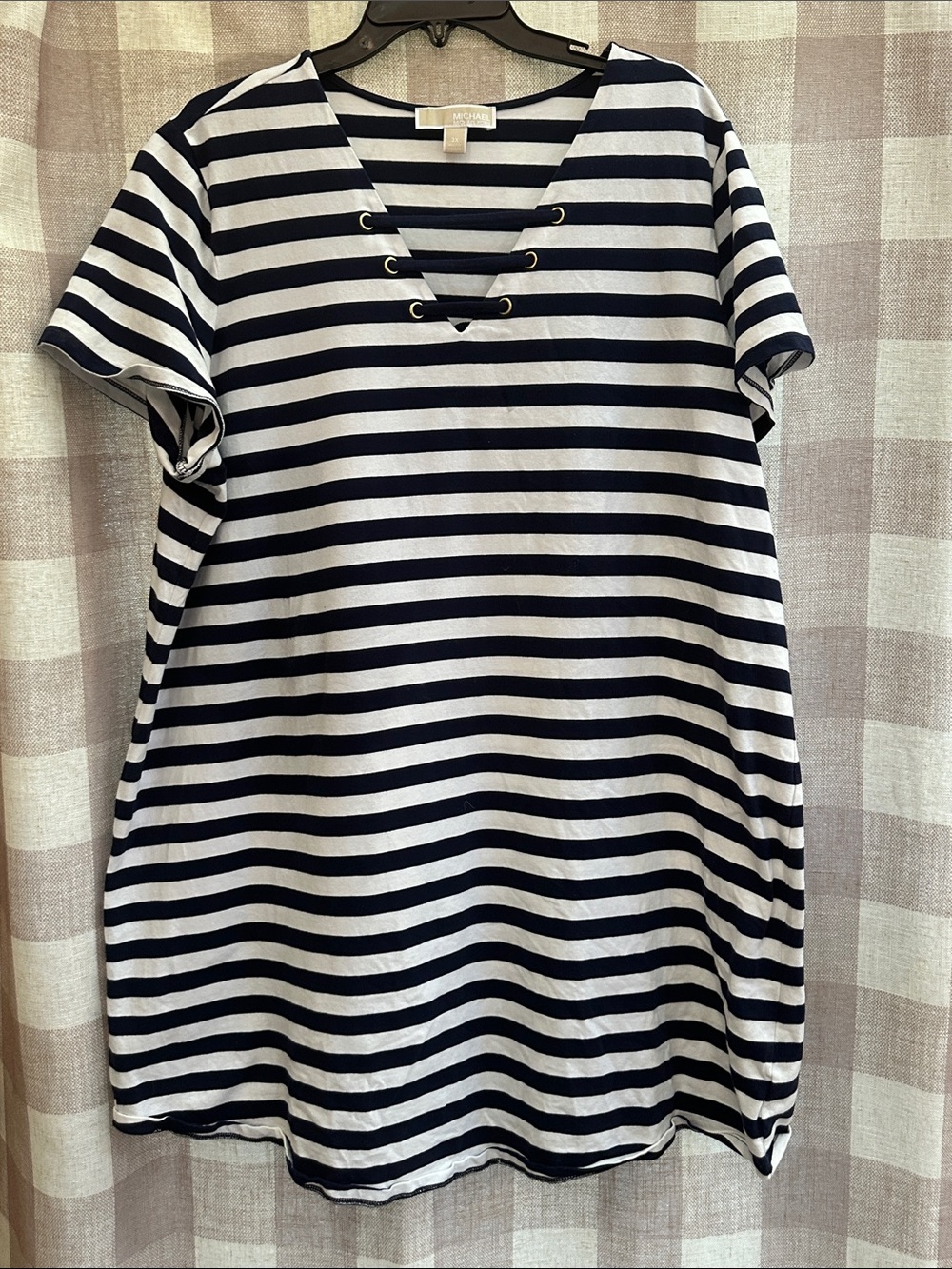 Michael Kors Navy and White Striped V‑Neck Midi Dress